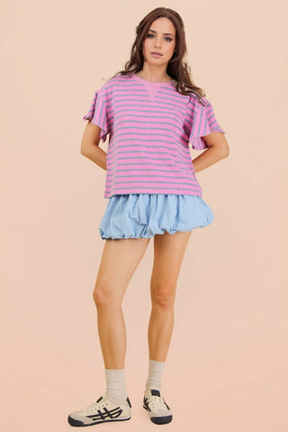 VERY J - NT12476-Oversized Ruffle Sleeve Casual Stripe Knit Top