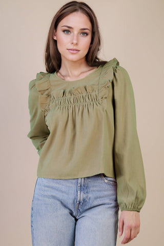 VERY J - NT11848-Casual Ruffle Shoulder Woven Blouse Top