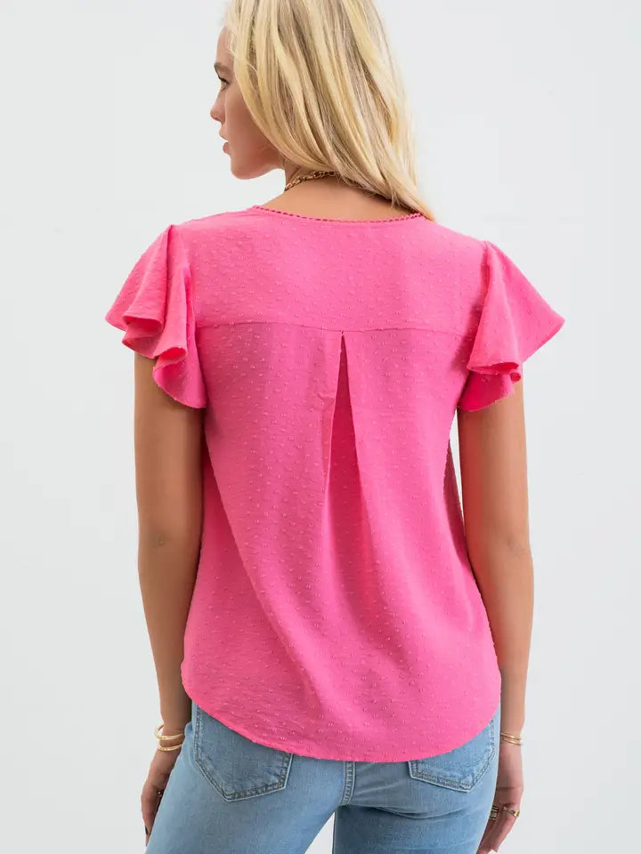 Lace Edge Split Neckline Woven Top