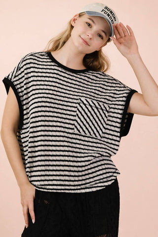 VERY J - NT12605-Open Back Striped Textured Knit Top