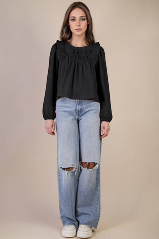 VERY J - NT11848-Casual Ruffle Shoulder Woven Blouse Top