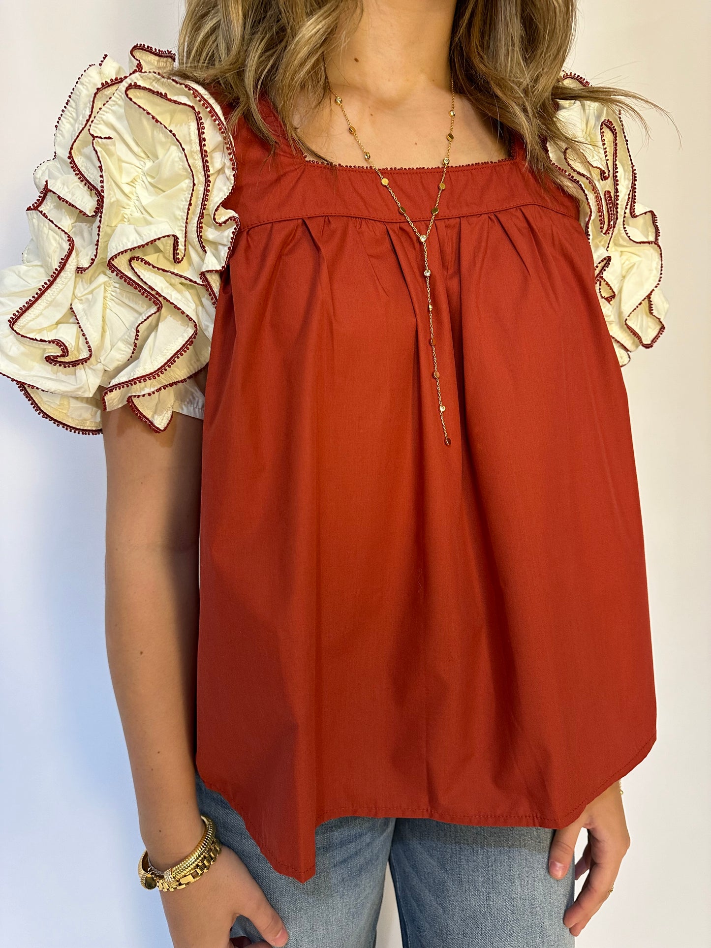 Dot Ruffle Sleeve Top - Brick