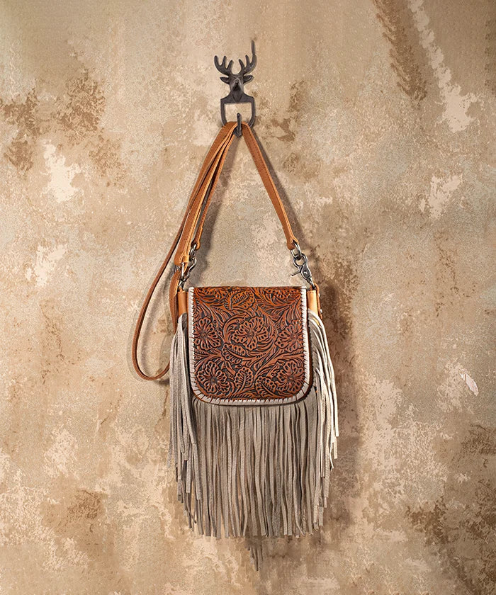 Montana West Brown/Tan Genuine Leather Floral Fringe Crossbody