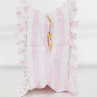 Pink Polka Stripe Ruffled Nylon XL Pouch