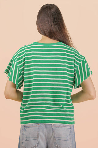 VERY J - NT12476-Oversized Ruffle Sleeve Casual Stripe Knit Top