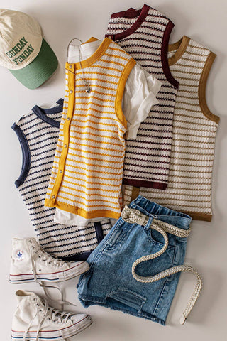 VERY J - NT12503-Stripe Knit Button Down Top