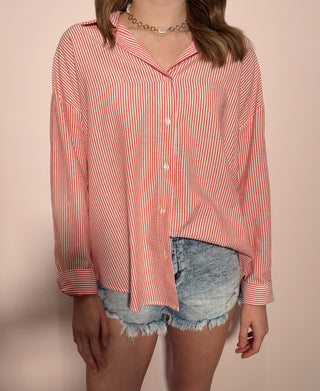 Red Striped Button-Up Shirt