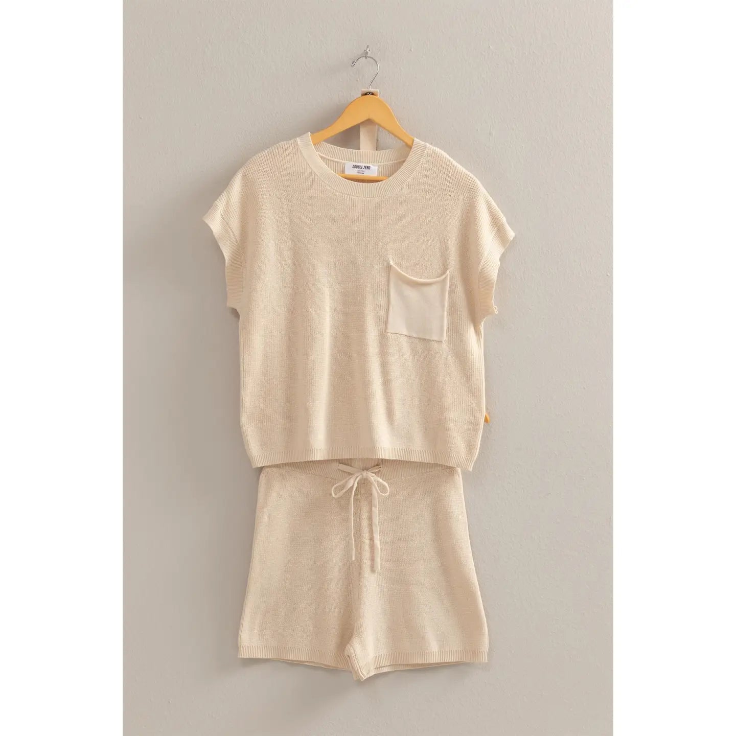 Short Sleeve Sweater and Shorts Set - Tan