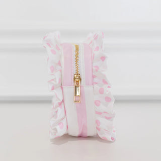 Pink Polka Stripe Ruffled Nylon Medium Pouch