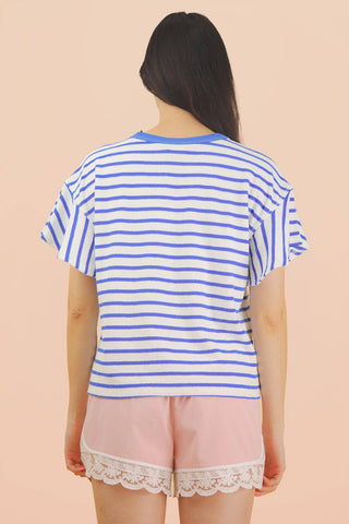 VERY J - NT12476-Oversized Ruffle Sleeve Casual Stripe Knit Top