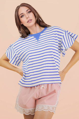 VERY J - NT12476-Oversized Ruffle Sleeve Casual Stripe Knit Top