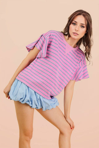 VERY J - NT12476-Oversized Ruffle Sleeve Casual Stripe Knit Top