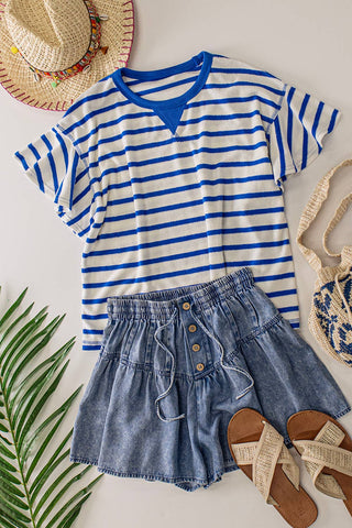 VERY J - NT12476-Oversized Ruffle Sleeve Casual Stripe Knit Top