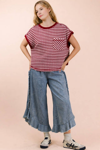 VERY J - NT12605-Open Back Striped Textured Knit Top
