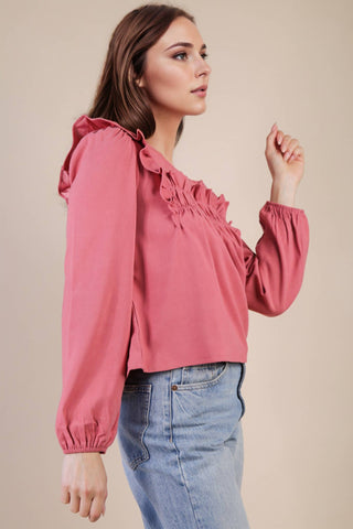 VERY J - NT11848-Casual Ruffle Shoulder Woven Blouse Top