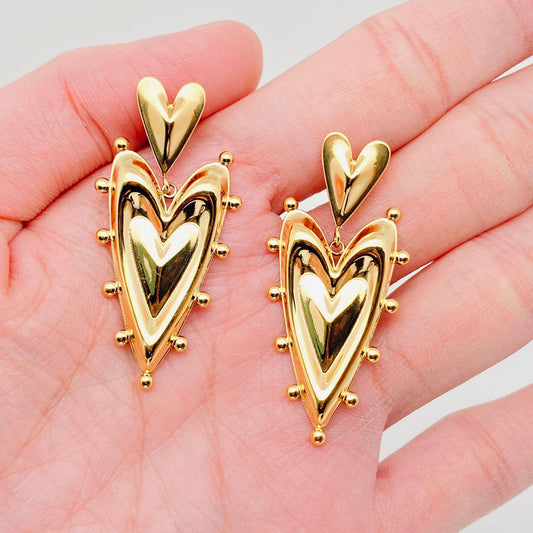 Double Heart Gold Plated Stainless steel Post Earrings