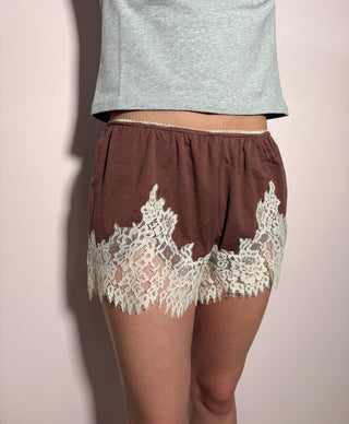 Lace Trim Flowy Shorts - Chocolate
