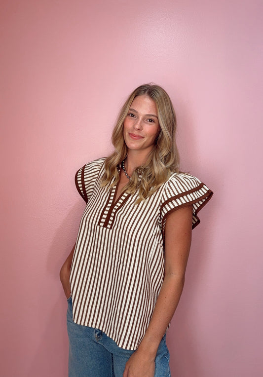 Mocha Stripe Ruffle Sleeve Top