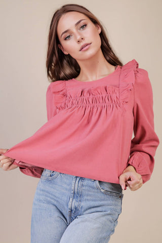 VERY J - NT11848-Casual Ruffle Shoulder Woven Blouse Top