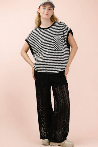 VERY J - NT12605-Open Back Striped Textured Knit Top