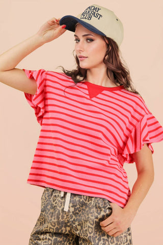 VERY J - NT12476-Oversized Ruffle Sleeve Casual Stripe Knit Top