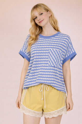 VERY J - NT12605-Open Back Striped Textured Knit Top