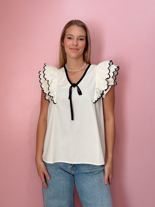 Black & Cream Contrast Bow Top