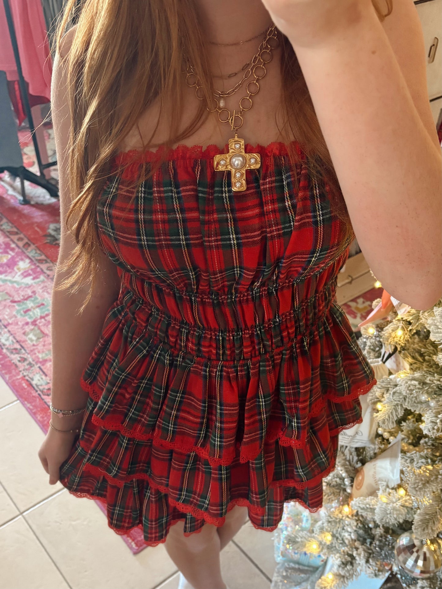 Strapless Tiered Plaid Mini Romper Dress