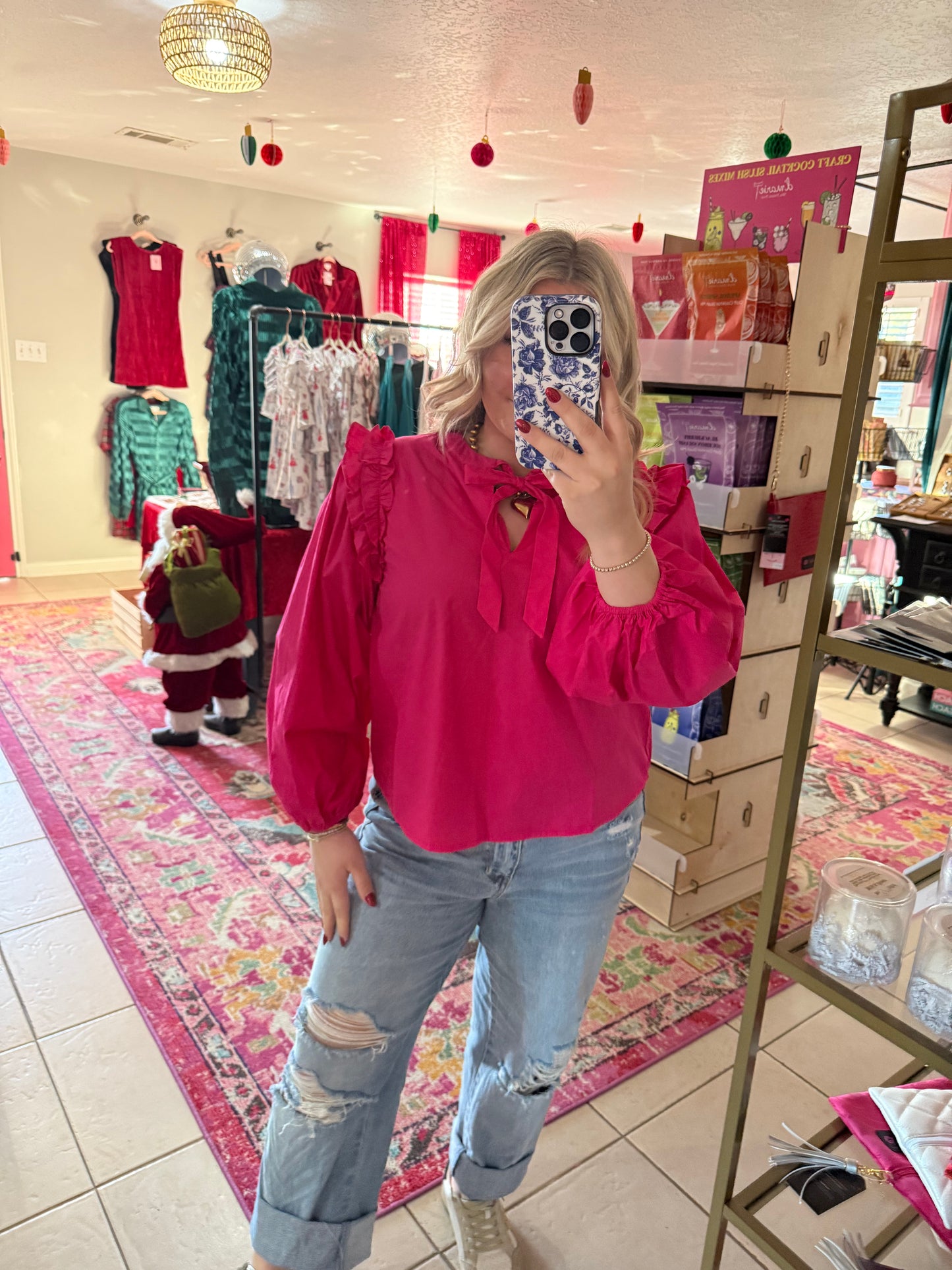 Hot Pink Puff Sleeve Top With Tie