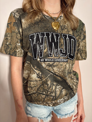 Camo Sequin WWJD Tee