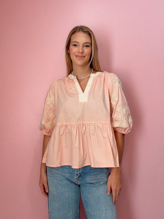 Pink Embroidered Babydoll Top
