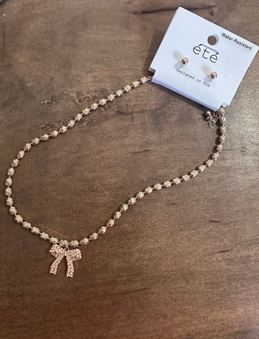 Bow Chunky Chain Necklace/Earring Stud Set
