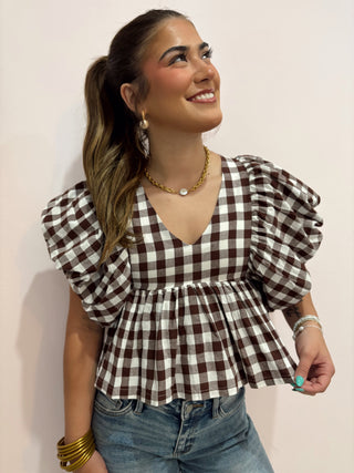 Gingham Puff Sleeve Top