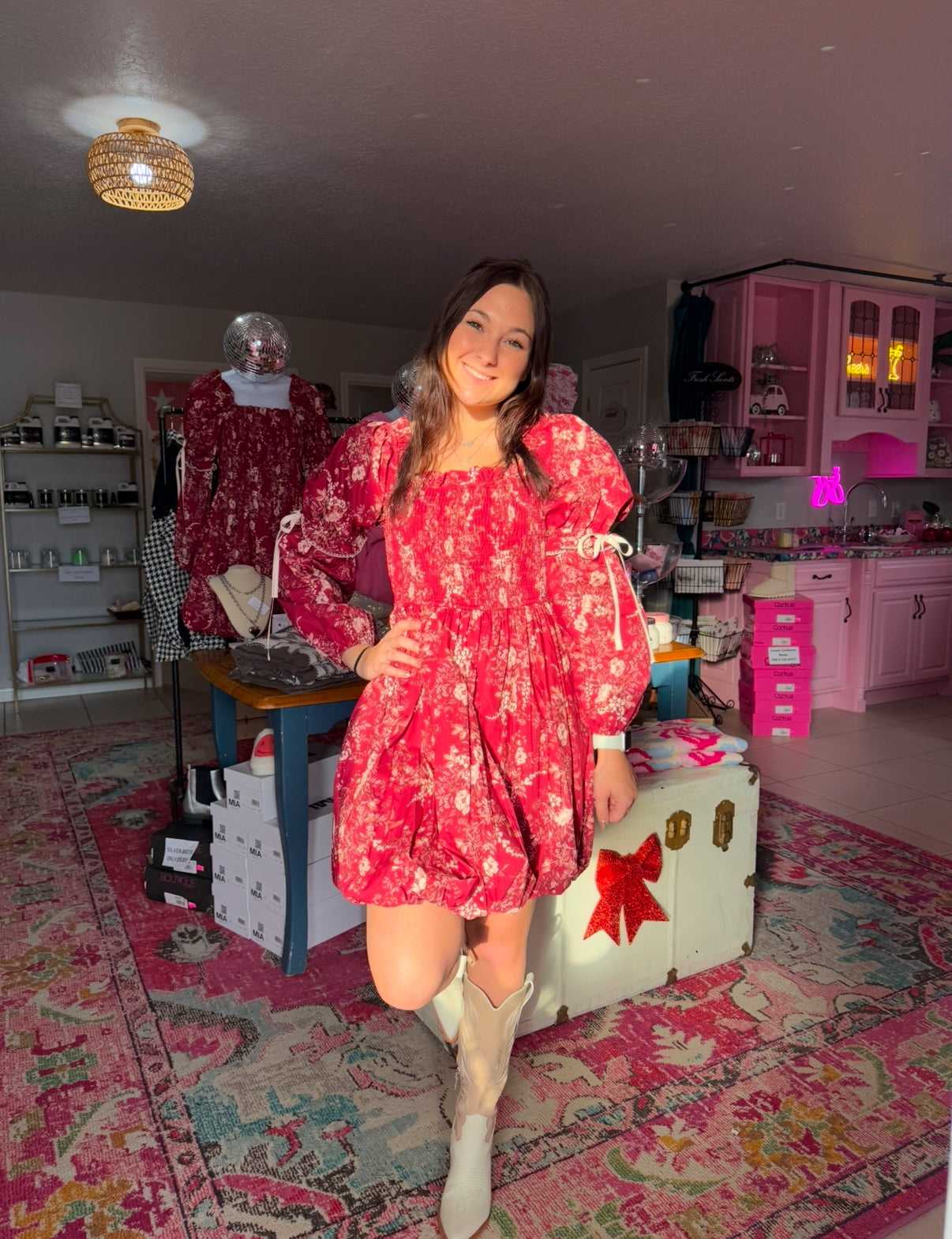 Burgundy Floral Bow Bubble Dress