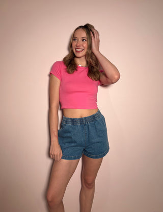 Elastic Waist Mineral Wash Denim Shorts