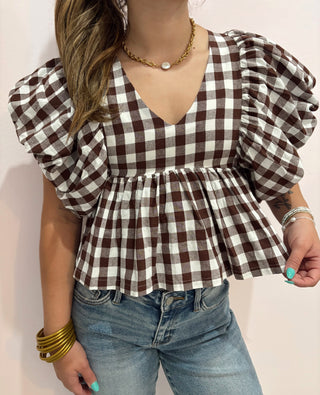 Gingham Puff Sleeve Top