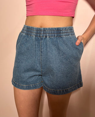 Elastic Waist Mineral Wash Denim Shorts