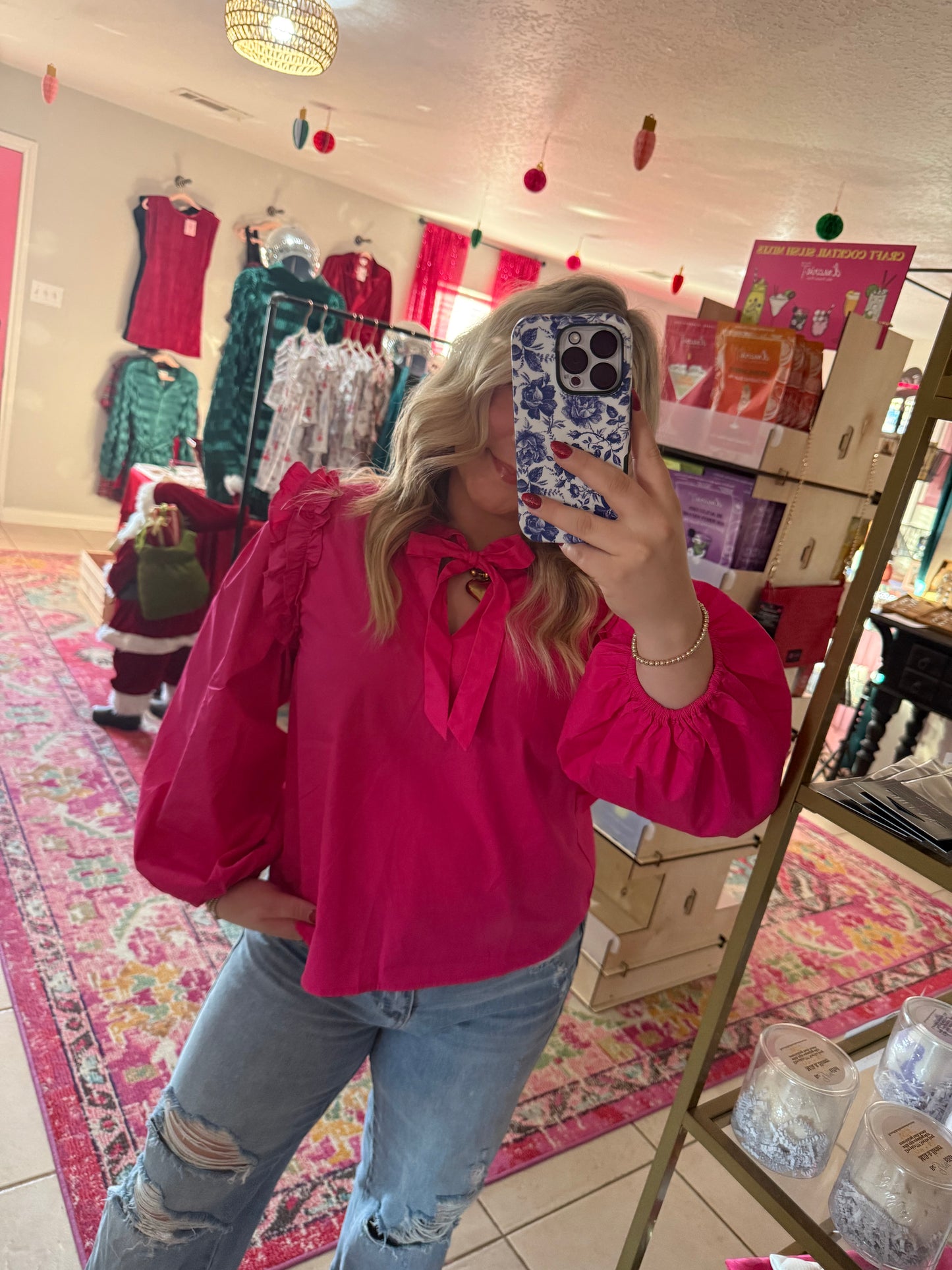Hot Pink Puff Sleeve Top With Tie