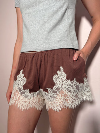 Lace Trim Flowy Shorts - Chocolate
