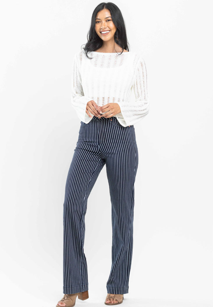 JUDY BLUE- Denim & White Pinstripe Straight Leg Jeans - Tummy Control