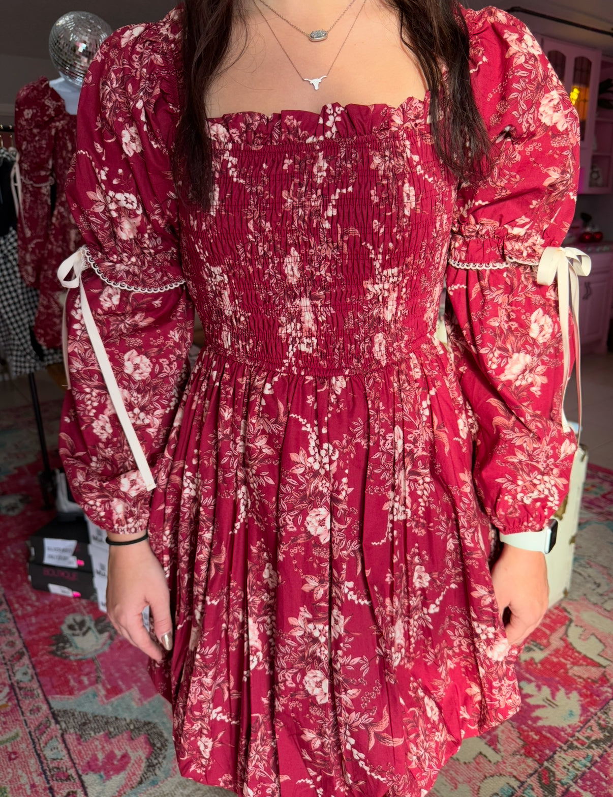 Burgundy Floral Bow Bubble Dress
