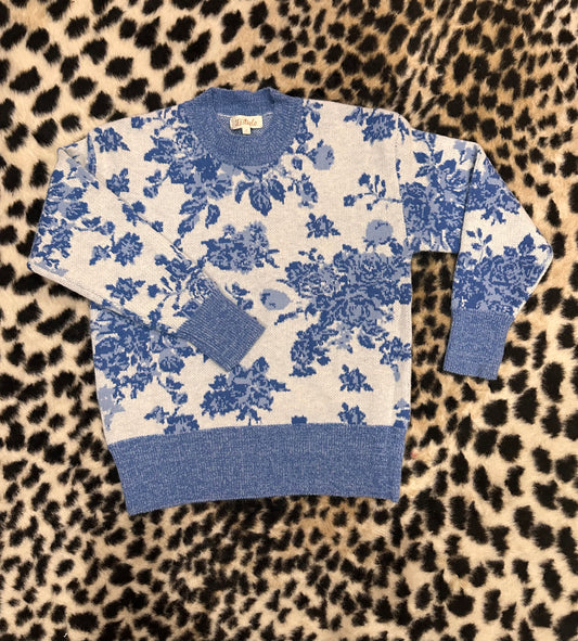 Blue & White Rose Sweater
