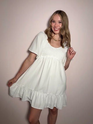 White Smocked Mini Dress