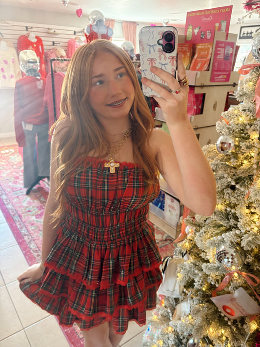 Strapless Tiered Plaid Mini Romper Dress
