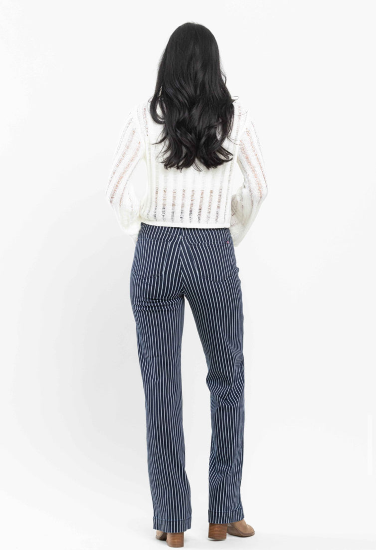JUDY BLUE- Denim & White Pinstripe Straight Leg Jeans - Tummy Control