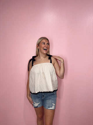 Contrast Tape Shoulder Tie Top