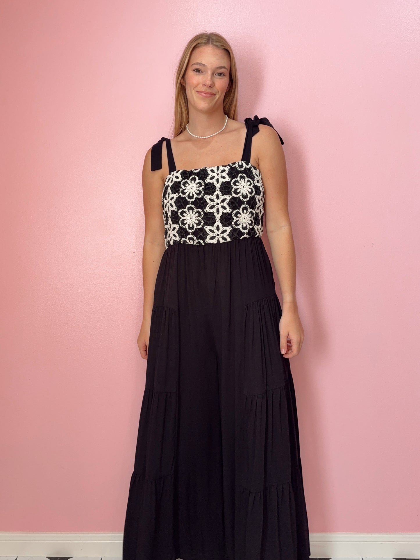 Black Embroidered Tiered Leg Jumpsuit