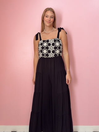 Black Embroidered Tiered Leg Jumpsuit