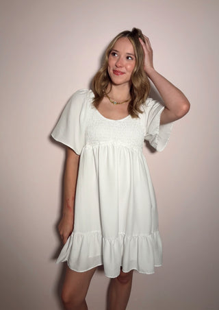 White Smocked Mini Dress