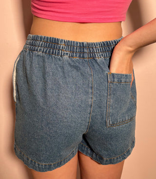 Elastic Waist Mineral Wash Denim Shorts